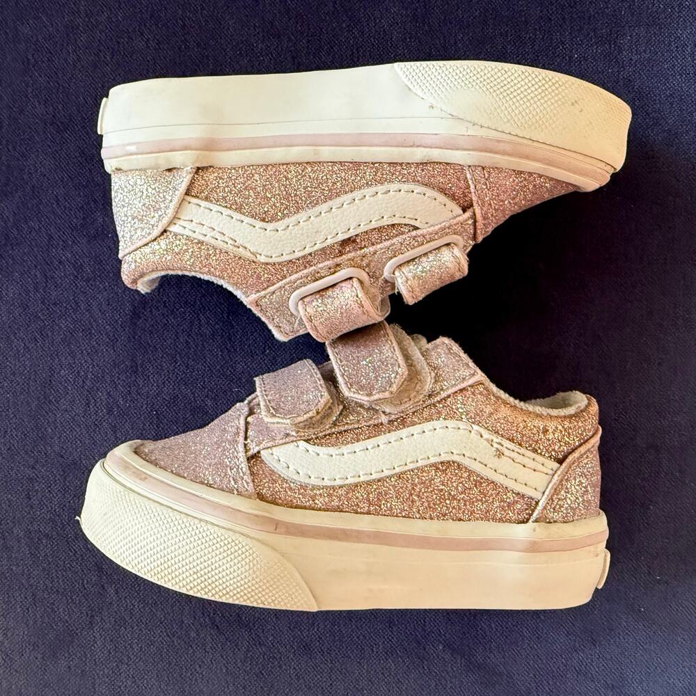 Vans Toddler Old Skool V Glitter Sneakers - Rose Gold Pink Size 4 - Picture 6 of 10